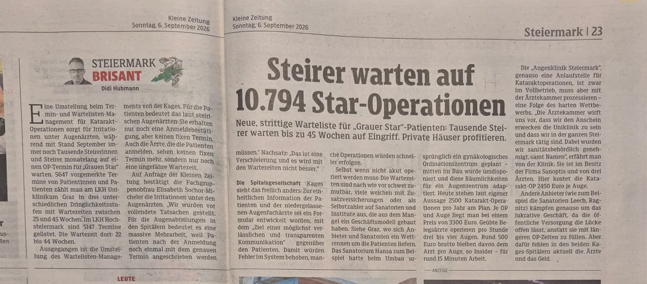 Zeitungsartikel Kleine Zeitung Grauer Star Operation Wartezeit in der Steiermark