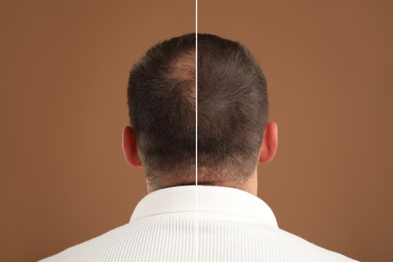 Haartransplantation im Ausland Mann mit SCheitel vor und nach einer Haartransplantation